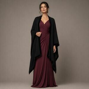 Y2k Lennie Nina Leonard Acrylic Knit Shawl Wrap Black Velvet Trim